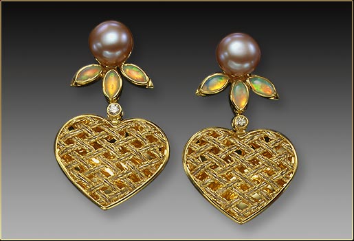 Pearl, Opal and Diamond Heart Drop Earrings detailed photo